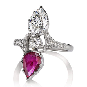 Vintage Pear Shaped Diamond & Ruby Toi et Moi Ring
