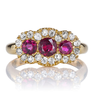 Antique Three Stone Ruby and Diamond Cluster Ring